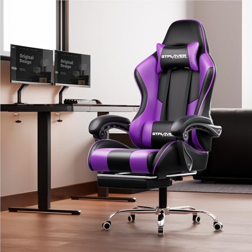 GTPLAYER Chaise Gaming Ergonomique avec Dossier Réglable à 135°, Repose-Pieds Rétractables, Cuir Violet pour Gamer