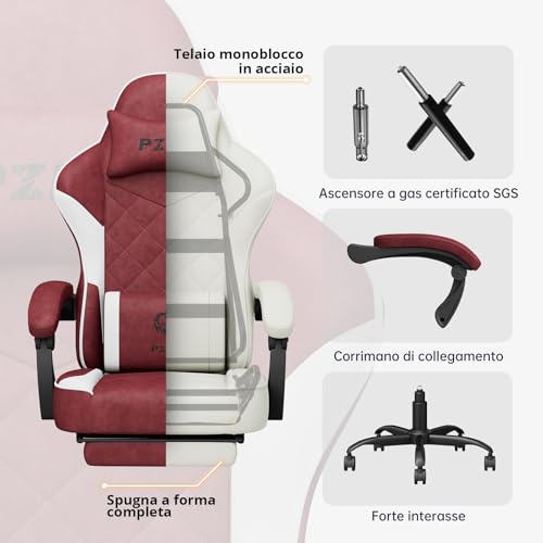 Chaise gamer ergonomique PZDO rouche, confortable et réconfortante pour adolescent et adulte, avec support lombaire et r