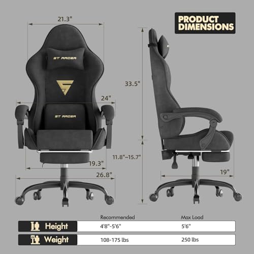 Chaise gamer ergonomique WoRaum Noir avec massage lombaire et dossier réglable