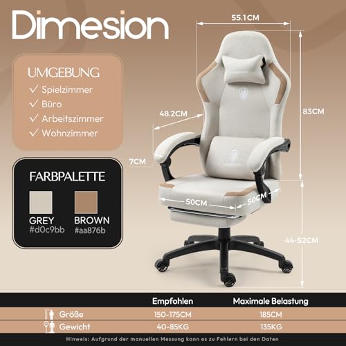 Dowinx Chaise de gaming en tissu avec coussin de printemps, fauteuil de massage avec repose-pieds - Chaise ergonomique p