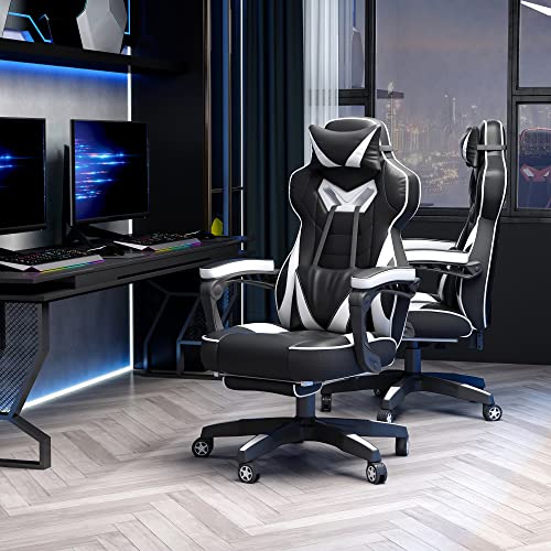 Vinsetto Chaise Gaming Ergonomique pour Bureau, Confortable Repose-Pied et Appuie-Tête, Hauteur Réglable, Noir et Blanc