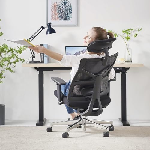 Chaise ergonomique de bureau au dossier adaptable avec accoudoirs 4D et soutien lombaire réglable, Siège de travail exéc