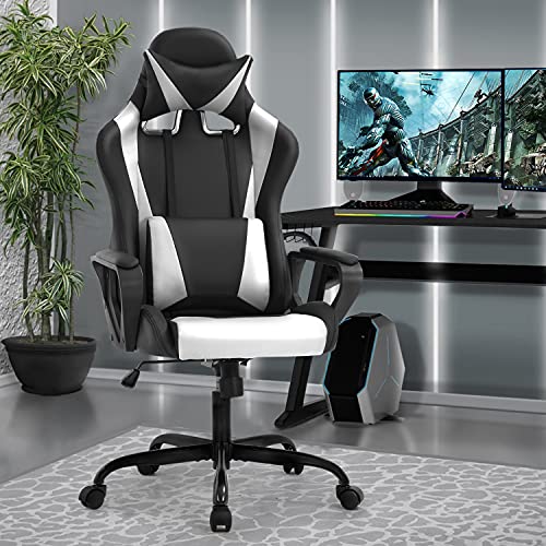 MeilleurFauteuilGamingErgonomiqueBlanc,CoussinLombaireAppui-têteHauteurRéglable,GamingChairWhitetourisme