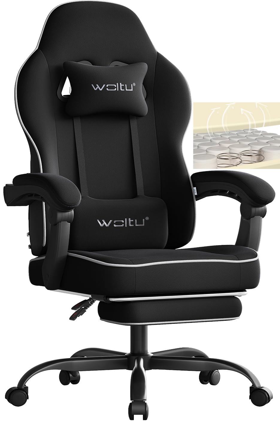 Chaise Gaming WOLTU, Érgonomique Coussin à Ressorts Ensachés, Noir 150kg Charge, Support Appui-Tête et Lombaire, Repose-