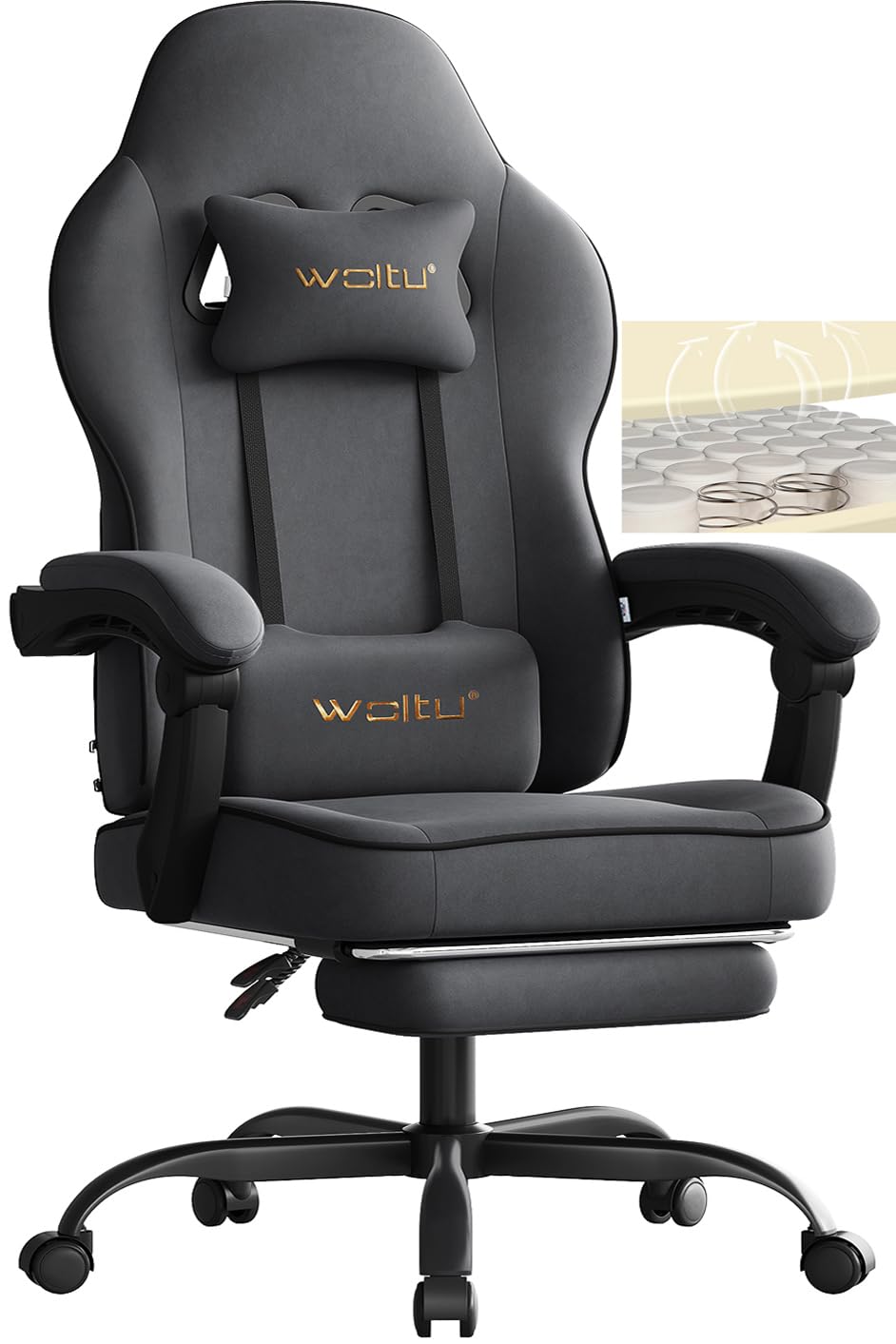 Chaise Gaming WOLTU, Coussin à Ressorts Ensachés, Érable Gris, Charge 150kg, Appui-Tête et Support Lombaire