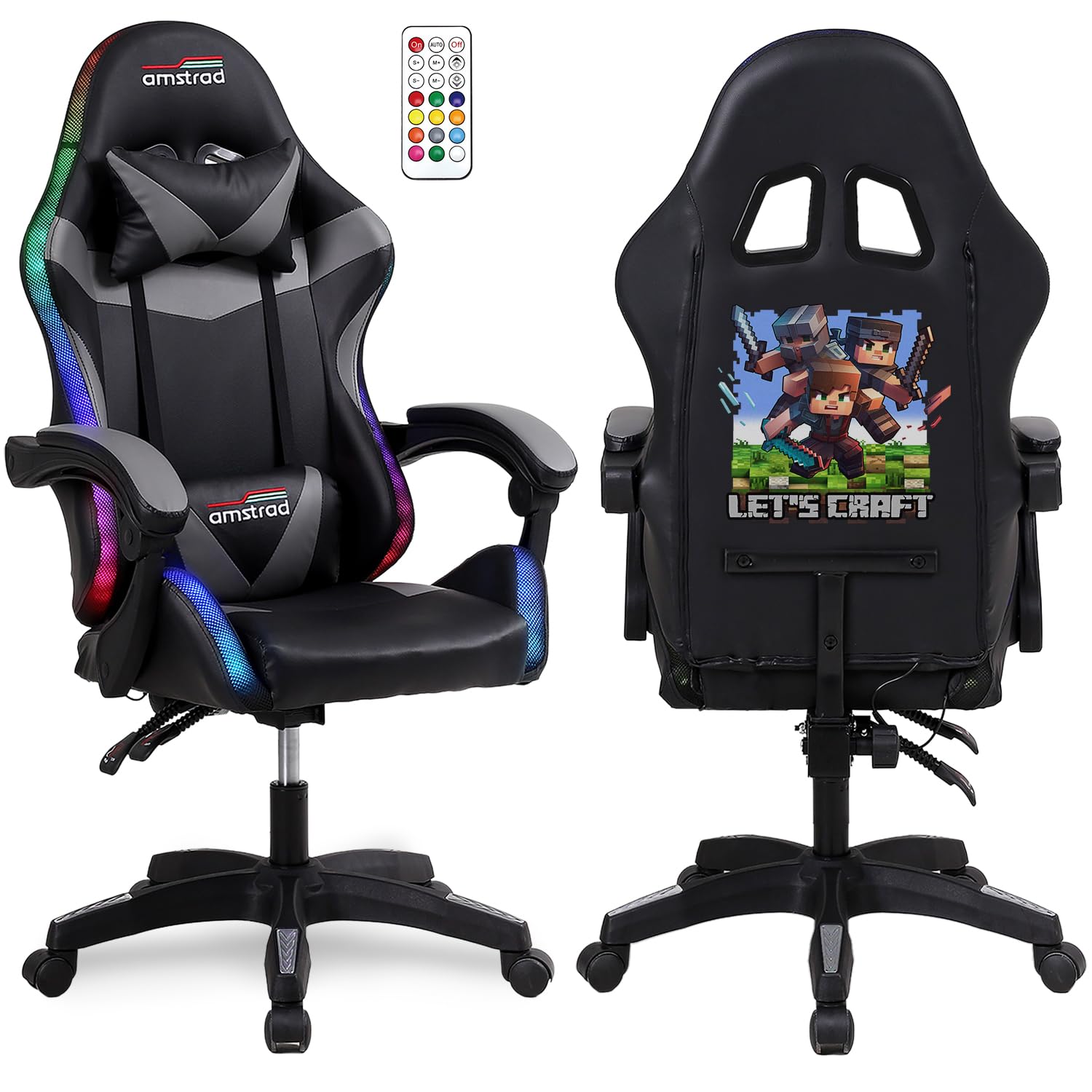 Amstrad AMS-900 LED Gaming Chair Noir et Gris Serigraphie Crafter Eclairage LED 366 Effets