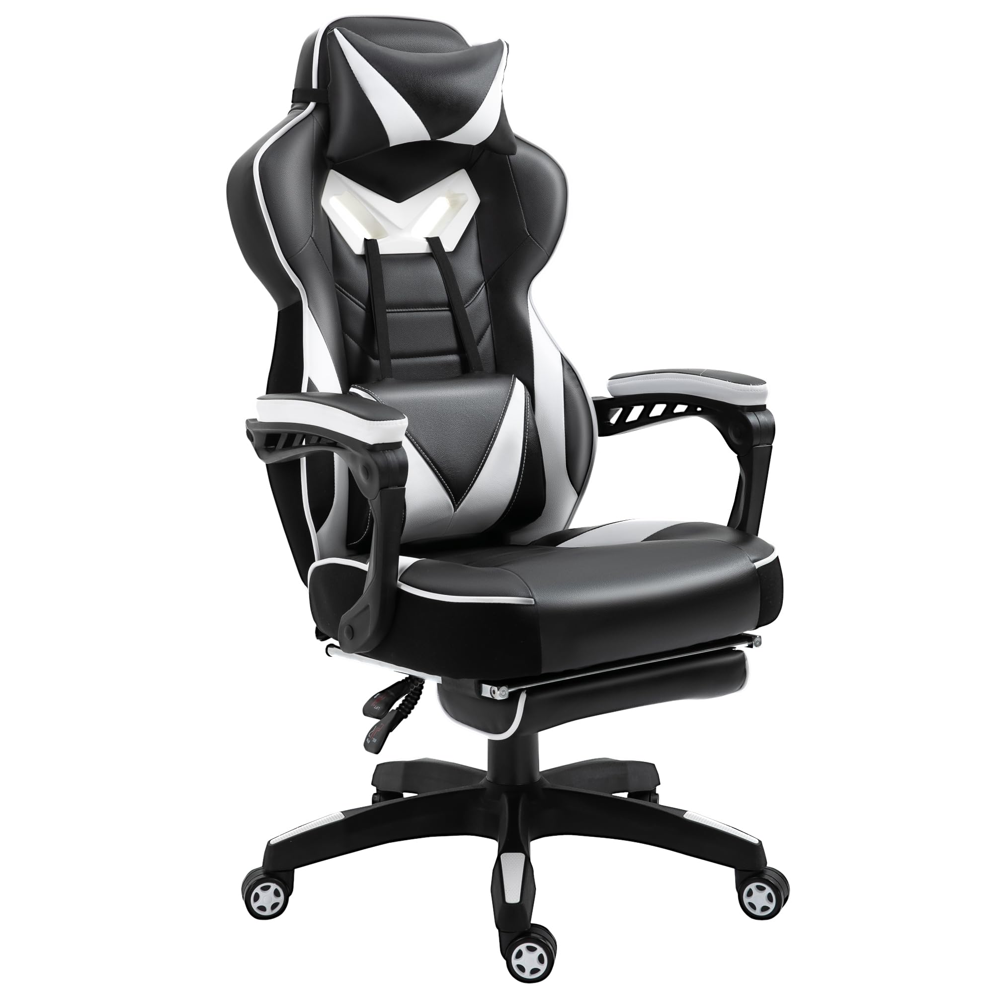 Vinsetto Chaise Gaming Ergonomique pour Bureau, Confortable Repose-Pied et Appuie-Tête, Hauteur Réglable, Noir et Blanc